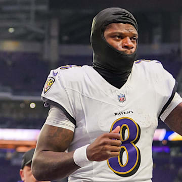 Nov 9, 2025; Minneapolis, Minnesota, USA; Baltimore Ravens quarterback Lamar Jackson (8) leaves the field after the game against the Minnesota Vikings  at U.S. Bank Stadium. Mandatory Credit: Brad Rempel-Imagn Images