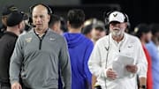 Vanderbilt coach Clark Lea and senior offensive advisor Jerry Kill walk on the sidelines during the third quarter against Kentucky at FirstBank Stadium in Nashville, Tenn., Saturday, Nov. 22, 2025.
