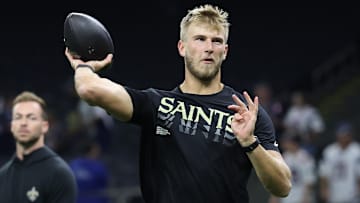 New Orleans Saints quarterback Tyler Shough warms up before a game against the New England Patriots on Oct. 12, 2025.