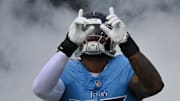 Tennessee Titans offensive tackle Dan Moore Jr. before the first half at Nissan Stadium.