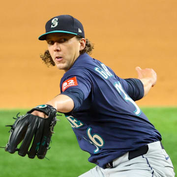 Seattle Mariners starting pitcher Logan Gilbert (36) throws during the fifth inning against the Texas Rangers at Globe Life Field. 