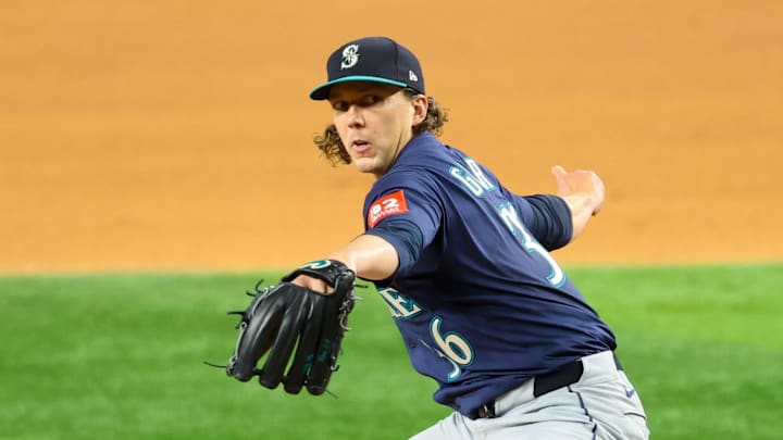 Seattle Mariners starting pitcher Logan Gilbert (36) throws during the fifth inning against the Texas Rangers at Globe Life Field. 