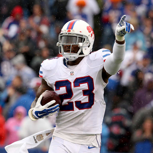 Former Buffalo Bills safety Aaron Williams celebrates an interception against the Indianapolis Colts