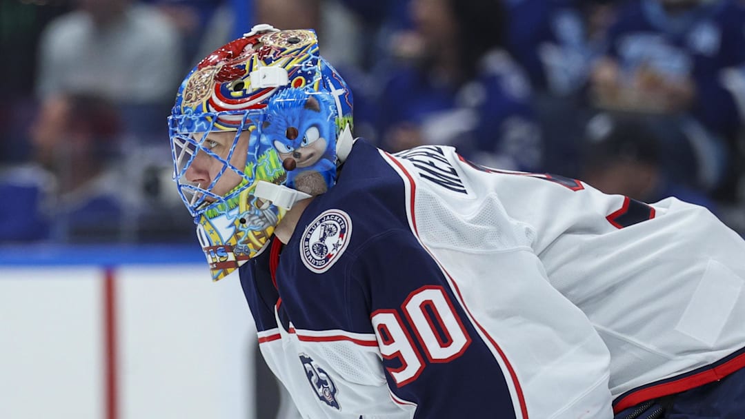 Mar 10, 2026; Tampa, Florida, USA; Columbus Blue Jackets goaltender Elvis Merzlikins (90) looks on against the Tampa Bay Lightning in the first period at Benchmark International Arena. Mandatory Credit: Nathan Ray Seebeck-Imagn Images