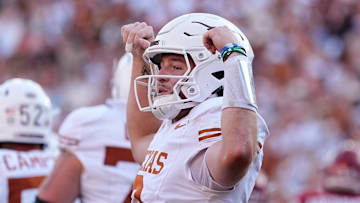 Texas Longhorns quarterback Quinn Ewers (3) celebrates a touchdown in the second half of the Red River Rivalry college football game between the University of Oklahoma Sooners and the Texas Longhorn at the Cotton Bowl Stadium in Dallas, Texas, Saturday, Oct., 12, 2024.