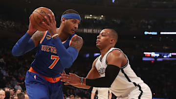 Mar 16, 2017; New York, NY, USA;  Brooklyn Nets guard Randy Foye (2) defends New York Knicks forward Carmelo Anthony (7) during the first quarter at Madison Square Garden. Mandatory Credit: Anthony Gruppuso-Imagn Images
