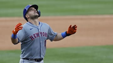 Jun 5, 2024; Washington, District of Columbia, USA;New York Mets catcher Luis Torrens (13) celebrates while rounding the bases after hitting a solo home run against the Washington Nationals during the sixth inning  at Nationals Park. Mandatory Credit: Geoff Burke-Imagn Images