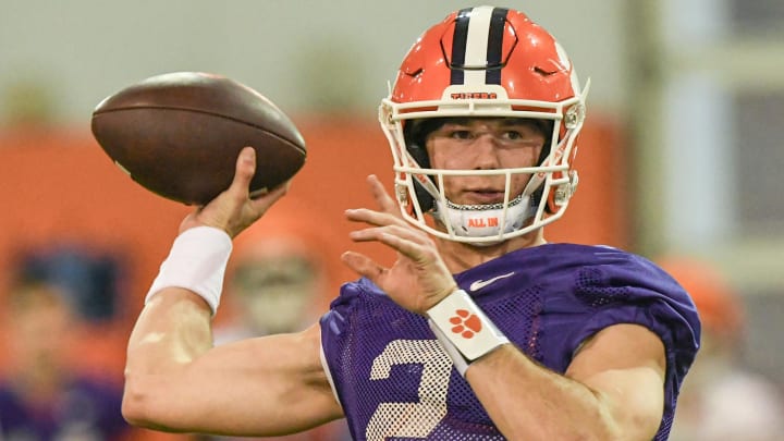 Clemson quarterback Cade Klubnik (2) passes during the first day of Spring practice at the Poe Indoor Practice Facility at the Allen N. Reeves football complex in Clemson S.C. Wednesday, February 28, 2024.