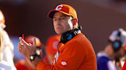 Dec 21, 2024; Austin, Texas, USA; Clemson Tigers head coach Dabo Swinney against the Texas Longhorns during the CFP National playoff first round at Darrell K Royal-Texas Memorial Stadium. Mandatory Credit: Mark J. Rebilas-Imagn Images