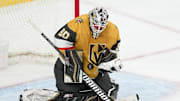 Apr 20, 2022; Las Vegas, Nevada, USA; Vegas Golden Knights goaltender Robin Lehner (90) makes a save against the Washington Capitals during the first period at T-Mobile Arena. Mandatory Credit: Stephen R. Sylvanie-Imagn Images