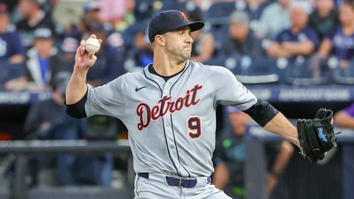 Jun 20, 2025; St. Petersburg, Florida, USA; Detroit Tigers pitcher Jack Flaherty (9) pitches during the first inning against the Tampa Bay Rays at George M. Steinbrenner Field. Jun 20, 2025; St. Petersburg, Florida, USA; Detroit Tigers pitcher Jack Flaherty (9) pitches during the first inning against the Tampa Bay Rays at George M. Steinbrenner Field.