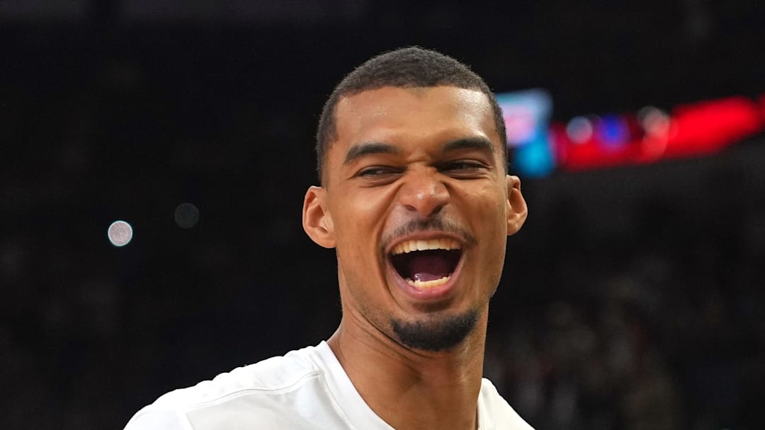 San Antonio Spurs forward Victor Wembanyama (1) warms up before a game against the Dallas Mavericks at Frost Bank Center on Apr 10, 2026.