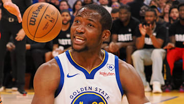 Jan 24, 2024; San Francisco, California, USA; Golden State Warriors forward Jonathan Kuminga (00) reacts after a play against the Atlanta Hawks during the third quarter at Chase Center. Mandatory Credit: Kelley L Cox-Imagn Images