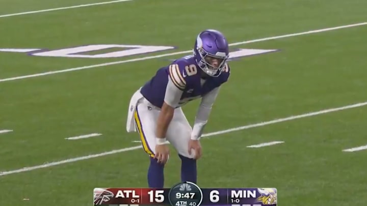 J.J. McCarthy reacts after missing Vikings receiver Jalen Nailor down the field. 