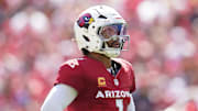 Sep 21, 2025; Santa Clara, California, USA; Arizona Cardinals quarterback Kyler Murray (1) stands on the field against the San Francisco 49ers during the first half at Levi's Stadium. Mandatory Credit: Cary Edmondson-Imagn Images