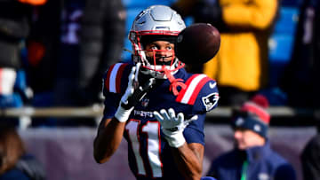 Dec 24, 2022; Foxborough, Massachusetts, USA; New England Patriots wide receiver Tyquan Thornton (11) warms up before the start of a game against the Cincinnati Bengals at Gillette Stadium. Mandatory Credit: Eric Canha-Imagn Images