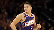 Nov 10, 2025; Phoenix, Arizona, USA; Phoenix Suns guard Grayson Allen (8) against the New Orleans Pelicans in the second half at the Mortgage Matchup Center. Mandatory Credit: Mark J. Rebilas-Imagn Images