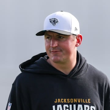 Jul 25, 2025; Jacksonville, FL, USA; Jacksonville Jaguars offensive coordinator Grant Udinski leads training camp at Miller Electric Center. Mandatory Credit: Nathan Ray Seebeck-Imagn Images