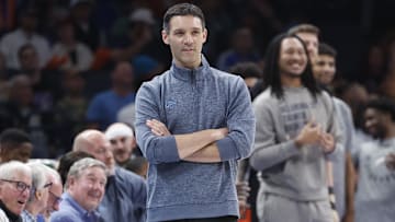 Nov 11, 2024; Oklahoma City, Oklahoma, USA; Oklahoma City Thunder head coach Mark Daigneault smiles after a play against the Los Angeles Clippers during the second quarter at Paycom Center. Mandatory Credit: Alonzo Adams-Imagn Images