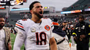 Nov 2, 2025; Cincinnati, Ohio, USA; Chicago Bears quarterback Caleb Williams (18) reacts as he walks off the field after defeating the Cincinnati Bengals in the fourth quarter at Paycor Stadium.  