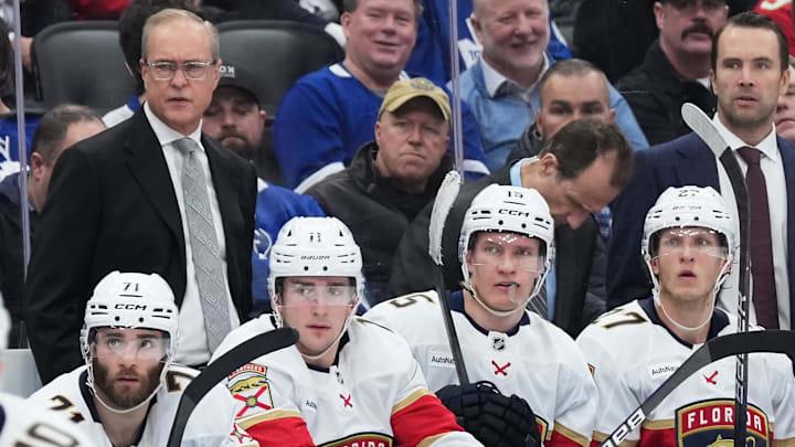Florida Panthers head coach Paul Maurice watches the play against the Toronto Maple Leafs during the third period at Scotiabank Arena. Mandatory Credit: Nick Turchiaro-Imagn Images