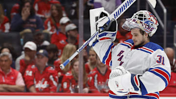 Apr 28, 2024; Washington, District of Columbia, USA; New York Rangers goaltender Igor Shesterkin (31) skates back to his goal during a timeout against the Washington Capitals in the third period in game four of the first round of the 2024 Stanley Cup Playoffs at Capital One Arena. Mandatory Credit: Geoff Burke-Imagn Images