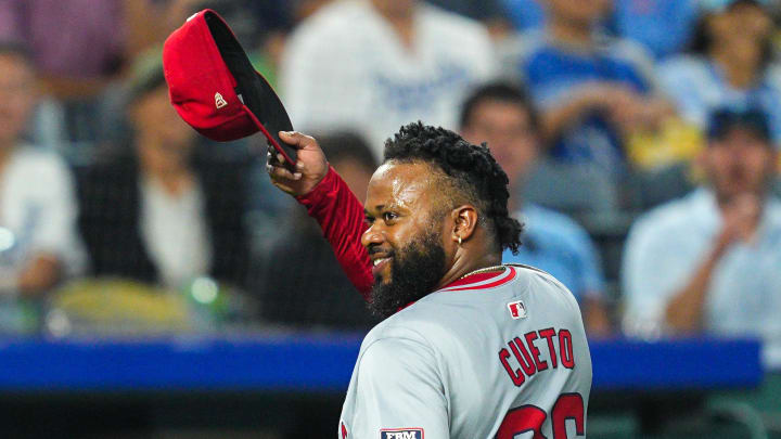 Aug 21, 2024; Kansas City, Missouri, USA; Los Angeles Angels starting pitcher Johnny Cueto (36) tips his cap to the fans as he exits the game during the seventh inning against the Kansas City Royals at Kauffman Stadium.