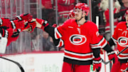 Mar 14, 2025; Raleigh, North Carolina, USA;  Carolina Hurricanes center Jack Roslovic (96) celebrates his goal against the Detroit Red Wings during the second period at Lenovo Center. Mandatory Credit: James Guillory-Imagn Images