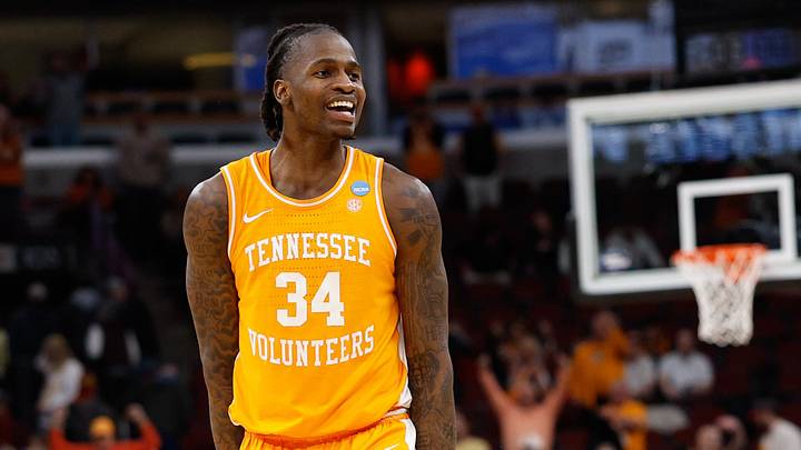 Tennessee Volunteers forward Felix Okpara (34) reacts in the second half against the Iowa State Cyclones during a Sweet Sixteen game of the Midwest Regional of the men's 2026 NCAA Tournament at United Center.