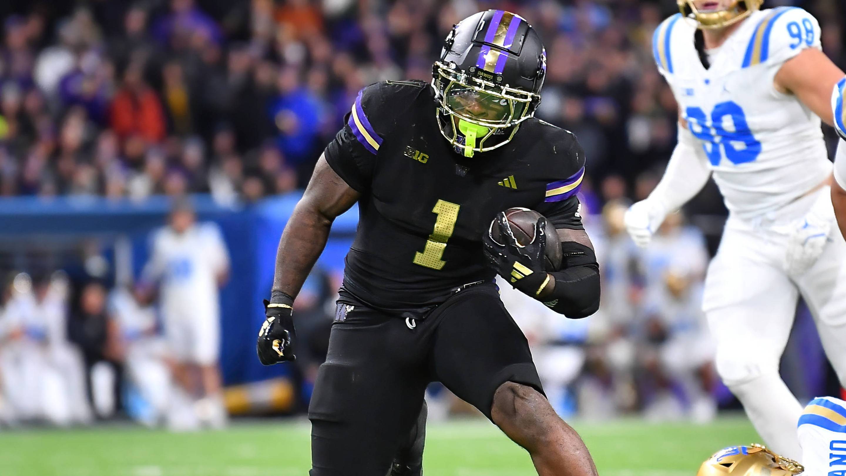 November 15, 2024: Washington Huskies running back Jonah Coleman (1) during the NCAA, College League, USA Football game between the UCLA Bruins and the Washington Huskies in Seattle, Washington.