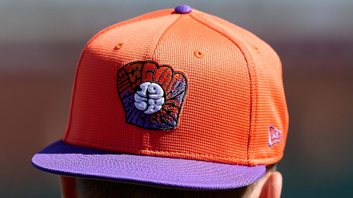 A San Francisco Giants City Connect baseball hat is worn by San Francisco Giants catcher Patrick Bailey (14) before a game against the Kansas City Royals at Oracle Park.  A San Francisco Giants City Connect baseball hat is worn by San Francisco Giants catcher Patrick Bailey (14) before a game against the Kansas City Royals at Oracle Park.