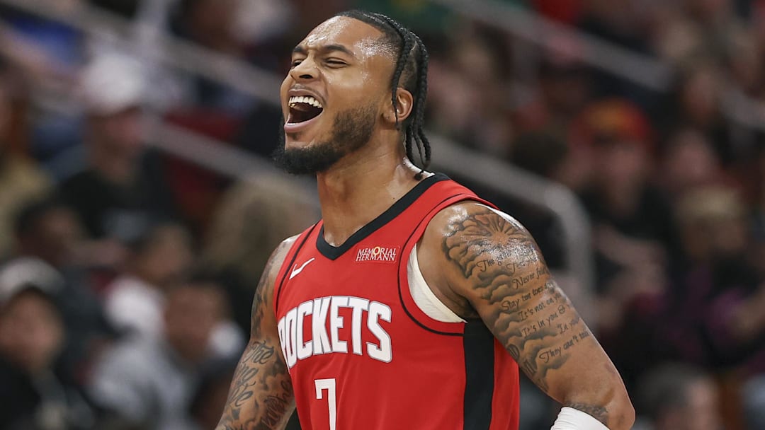 Jan 1, 2025; Houston, Texas, USA; Houston Rockets forward Cam Whitmore (7) reacts after scoring a basket during the fourth quarter against the Dallas Mavericks at Toyota Center. Mandatory Credit: Troy Taormina-Imagn Images