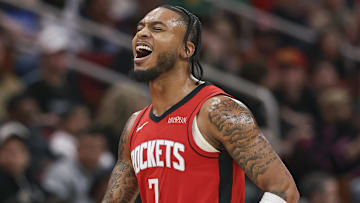 Jan 1, 2025; Houston, Texas, USA; Houston Rockets forward Cam Whitmore (7) reacts after scoring a basket during the fourth quarter against the Dallas Mavericks at Toyota Center. Mandatory Credit: Troy Taormina-Imagn Images