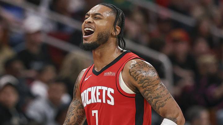 Jan 1, 2025; Houston, Texas, USA; Houston Rockets forward Cam Whitmore (7) reacts after scoring a basket during the fourth quarter against the Dallas Mavericks at Toyota Center. Mandatory Credit: Troy Taormina-Imagn Images