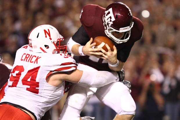 Nebraska's Jared Crick sacks Texas A&M quarterback Ryan Tannehill in 2009.