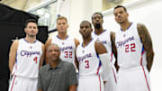 Sep 29, 2014; Los Angeles, CA, USA; Los Angeles Clippers head coach Doc Rivers, forward Blake Griffin (32),  guard Chris Paul (3), forward Matt Barnes (22), center DeAndre Jordan (6) and guard J.J. Redick (4) during media day at the training facility in Playa Vista. Mandatory Credit: Jayne Kamin-Oncea-Imagn Images