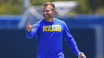 Jun 8, 2021; Thousand Oaks, CA, USA;  Los Angeles Rams head coach Sean McVay smiles during mini camp held at the practice facility at Cal State Lutheran. Mandatory Credit: Jayne Kamin-Oncea-Imagn Images

 