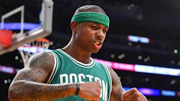 Mar 3, 2017; Los Angeles, CA, USA; Boston Celtics guard Isaiah Thomas (4) reacts after he is fouled by Los Angeles Lakers forward Brandon Ingram (not pictured) on a drive to the basket in the second half of the game at Staples Center. The Celtics won 115-95. Mandatory Credit: Jayne Kamin-Oncea-Imagn Images