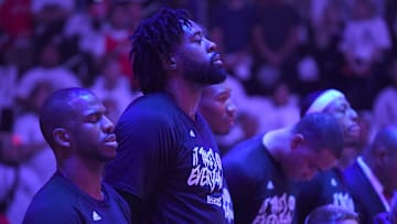 Apr 30, 2017; Los Angeles, CA, USA;   Los Angeles Clippers guard Chris Paul (3) and Los Angeles Clippers center DeAndre Jordan (6) stand during the National Anthem before game seven of the first round of the 2017 NBA Playoffs against the Utah Jazz at Staples Center. Mandatory Credit: Jayne Kamin-Oncea-Imagn Images