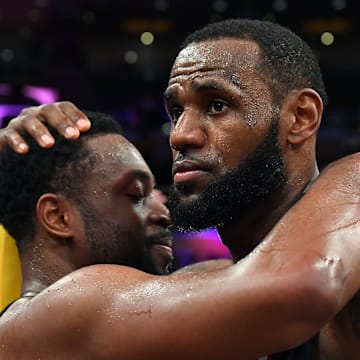 Dec 10, 2018; Los Angeles, CA, USA; Miami Heat guard Dwyane Wade (3) and Los Angeles Lakers forward LeBron James (23) embrace after the game at Staples Center. Mandatory Credit: Jayne Kamin-Oncea-Imagn Images