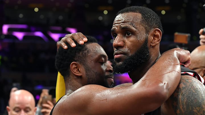 Dec 10, 2018; Los Angeles, CA, USA; Miami Heat guard Dwyane Wade (3) and Los Angeles Lakers forward LeBron James (23) embrace after the game at Staples Center. Mandatory Credit: Jayne Kamin-Oncea-Imagn Images