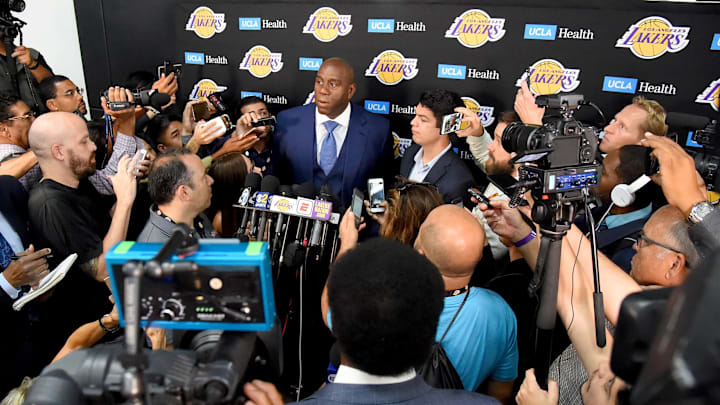 Sep 25, 2017; Los Angeles, CA, USA; Los Angeles Lakers President of Basketball Operations Magic Johnson is interviewed during Lakers Media Day at the UCLA Health Training Center in El Segundo, CA. Mandatory Credit: Jayne Kamin-Oncea-Imagn Images Sep 25, 2017; Los Angeles, CA, USA; Los Angeles Lakers President of Basketball Operations Magic Johnson is interviewed during Lakers Media Day at the UCLA Health Training Center in El Segundo, CA. Mandatory Credit: Jayne Kamin-Oncea-Imagn Images