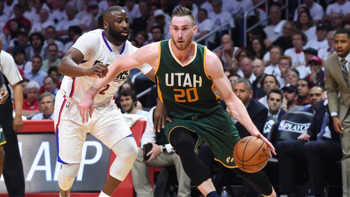 Apr 30, 2017; Los Angeles, CA, USA;   Los Angeles Clippers guard Raymond Felton (2) defends Utah Jazz forward Gordon Hayward (20) as he drives to the basket in the second period of game seven of the first round of the 2017 NBA Playoffs at Staples Center. Mandatory Credit: Jayne Kamin-Oncea-USA TODAY Sports