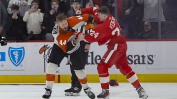 Jan 25, 2024; Detroit, Michigan, USA;  Philadelphia Flyers left wing Nicolas Deslauriers (44) and