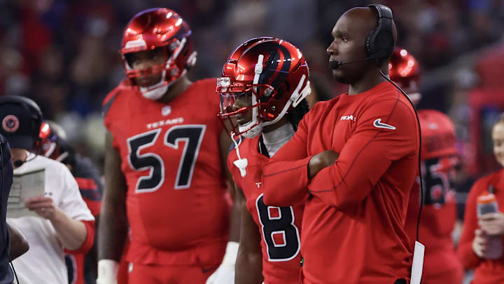 Nov 10, 2024; Houston, Texas, USA;  Houston Texans head coach DeMeco Ryans watches play against the Detroit Lions in the second quarter at NRG Stadium.
