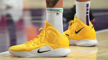 Nov 29, 2018; Los Angeles, CA, USA;  Nike basketball sneakers worn by Los Angeles Lakers center JaVale McGee (7) are seen during a game against the Indiana Pacers at Staples Center. Mandatory Credit: Jayne Kamin-Oncea-Imagn Images