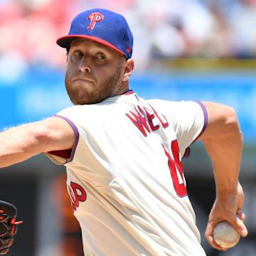 Jun 25, 2023; Philadelphia, Pennsylvania, USA; Philadelphia Phillies starting pitcher Zack Wheeler (45) throws a pitch against the New York Mets at Citizens Bank Park.