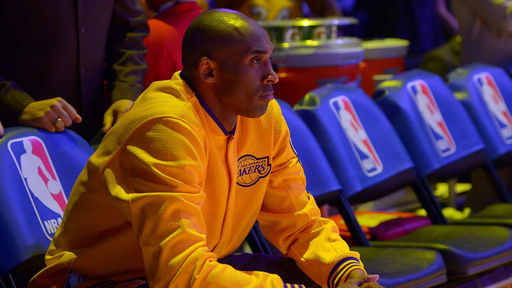 Mar 10, 2016; Los Angeles, CA, USA;  Los Angeles Lakers forward Kobe Bryant (24) waits on the bench before the start of the game against the Cleveland Cavaliers at Staples Center. Mandatory Credit: Jayne Kamin-Oncea-USA TODAY Sports