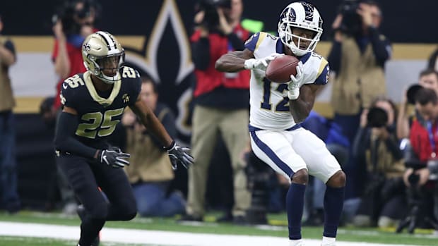 Jan 20, 2019; Los Angeles Rams receiver Brandin Cooks (12) catches a pass against New Orleans Saints cornerback Eli Apple