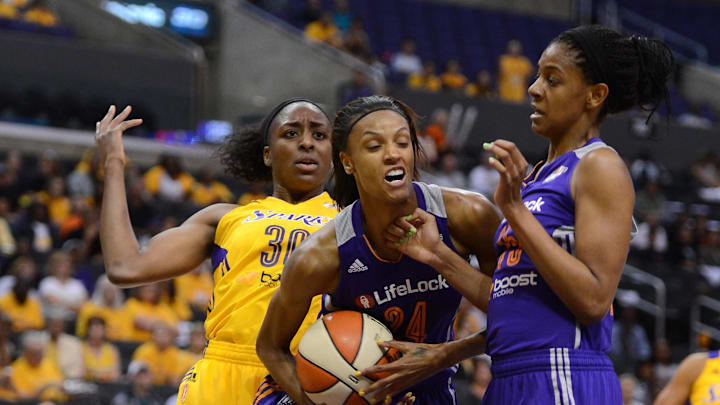 Sep 23, 2013; Los Angeles, CA, USA;  Phoenix Mercury guard Dewanna Bonner (24), guard Briana Gilbreath (15) and Los Angeles Sparks forward Nneka Ogwumike (30)go for a rebound in the first half of game three of the Western Conference Semi-Finals at Staples Center. Phoenix won 86-75. Mandatory Credit: Jayne Kamin-Oncea-Imagn Images